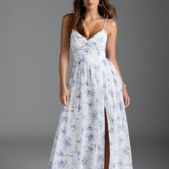 AZAZIE ZEYA Blue Cottage Floral A-Line V-Neck Pleated Chiffon Dress Size A16 NWT - Picture 6 of 15